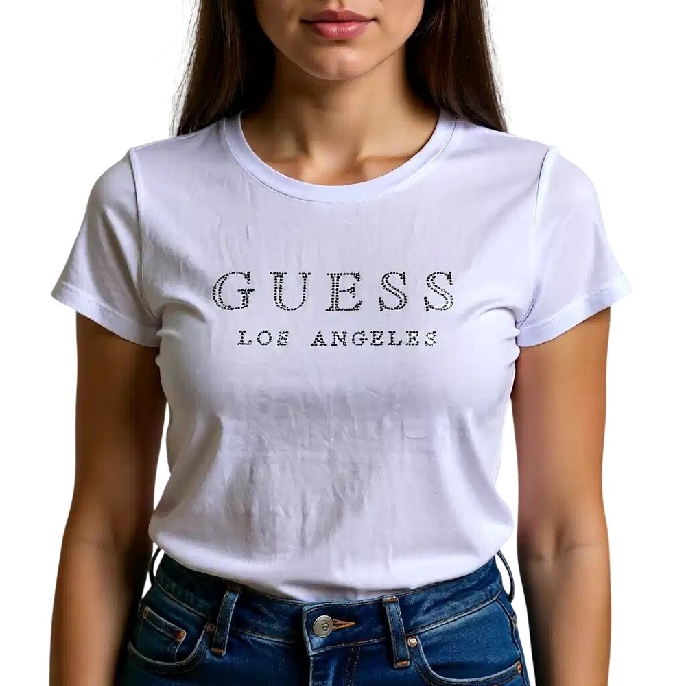 Guess Los Angeles Womens White Rhinestone Logo‎ Graphic T-Shirt Size L NWT